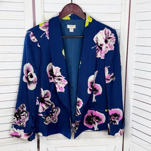 J. Crew Tropical Floral Sateen Crop Blazer Jacket Blue Pink 12 - Picture 7 of 12